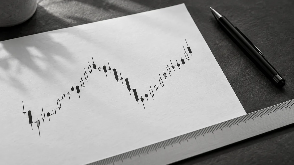 An illustrative candlestick chart printed on paper beside a pen and ruler.