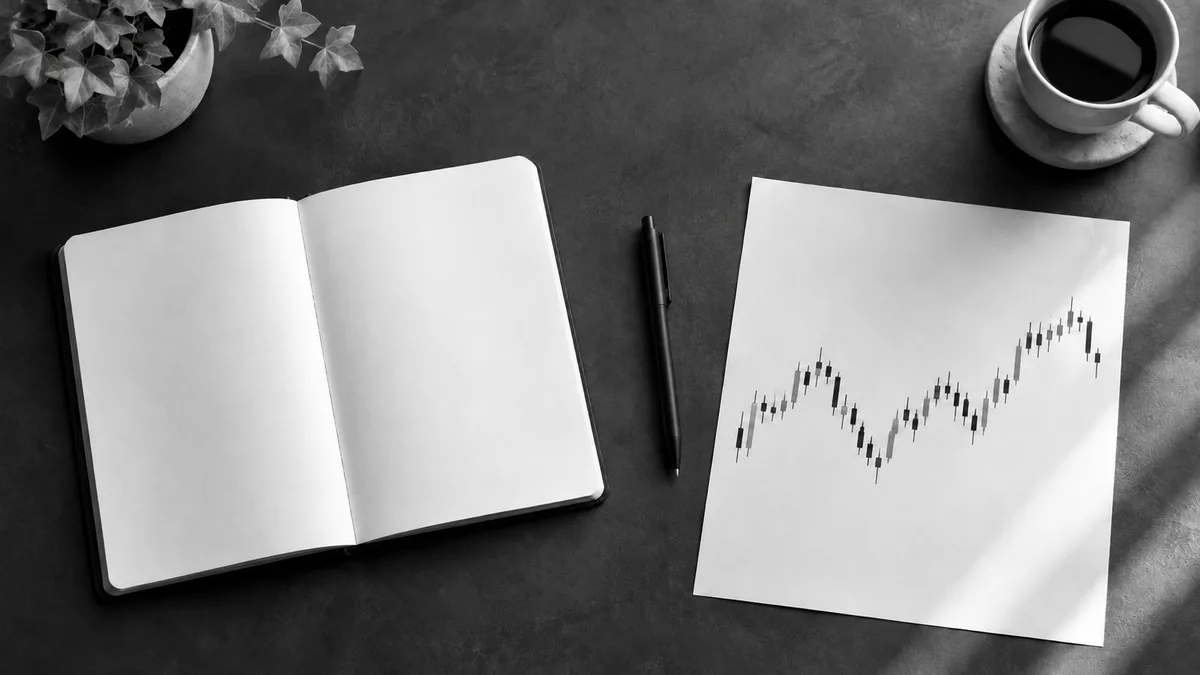 Illustrative study desk with a notebook, pen, and candlestick chart
